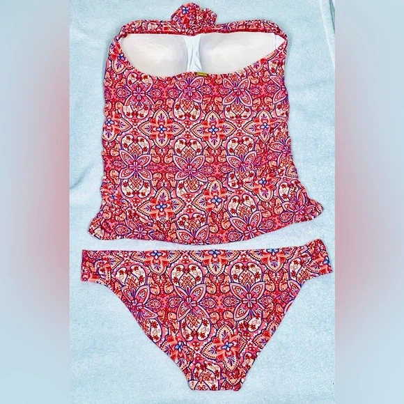 Helen Jon Tankini 2 pieces set Swimwear Heritage Tile Coral print  women’s Sz L - Picture 2 of 7